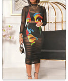Printed Mesh Gauze Mid Length 3pc Dress