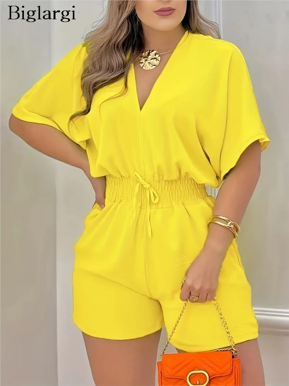 V-Neck Slim Waist Elastic Jumpsuit