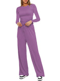 Casual O Neck Long Sleeve & High Waist Wide Leg Pants Sets