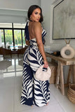 Print Halter Sleeveless Crop Shirt and Wide Leg Pants 2PC