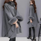 Cape Coat Faux Fur Collar Mid Length Poncho Shawl
