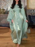 Satin Loose Batwing Sleeve O-neck A-line Robe Dress