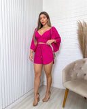 Backless Lace Up V Neck Flare Sleeve Shirt Tops + Loose Shorts 2pc Set