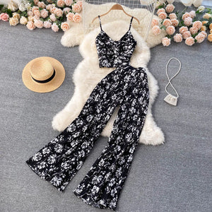 2pc Floral Print Sleeveless Top & Wide Leg Pants