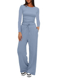Casual O Neck Long Sleeve & High Waist Wide Leg Pants Sets
