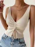 Front Drawstring Ribbed Knit V Neck Sleeveless Top