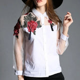 Floral Embroidery Chiffon Transparent Long Sleeve Blouse- PS