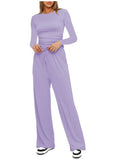 Casual O Neck Long Sleeve & High Waist Wide Leg Pants Sets