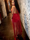 Turtleneck Velvet Ruched Tassel Hem Dress