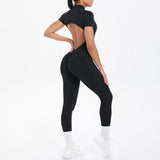 Short Sleeved One-Piece Suit Half Zipper Gym Yoga Set