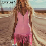 Faux Leather Fringe V-Neck Dress