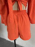 Backless Lace Up V Neck Flare Sleeve Shirt Tops + Loose Shorts 2pc Set