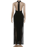 Turtleneck Velvet Ruched Tassel Hem Dress