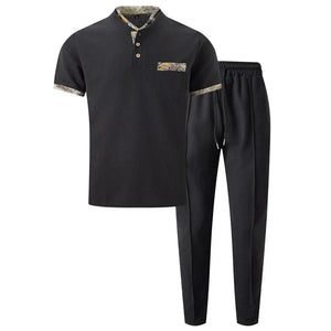 Stand up Collar Short Sleeve T-shirt and Pants 2pc