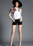 Floral Embroidery Chiffon Transparent Long Sleeve Blouse- PS