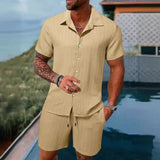 Casual Solid Color Loose Short-sleeved Drawstring Shorts- Men