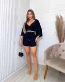 Backless Lace Up V Neck Flare Sleeve Shirt Tops + Loose Shorts 2pc Set