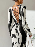 Long Sleeve Crew Neck Open Back Tie Up Maxi Dress
