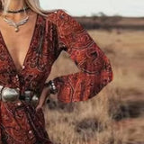 Bohemian Style Long Sleeve V Neck Dress