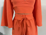 Backless Lace Up V Neck Flare Sleeve Shirt Tops + Loose Shorts 2pc Set