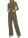 Casual O Neck Long Sleeve & High Waist Wide Leg Pants Sets