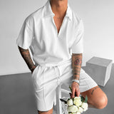Zipper Polo Style Short-sleeved Drawstring Shorts - Men