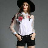 Floral Embroidery Chiffon Transparent Long Sleeve Blouse- PS