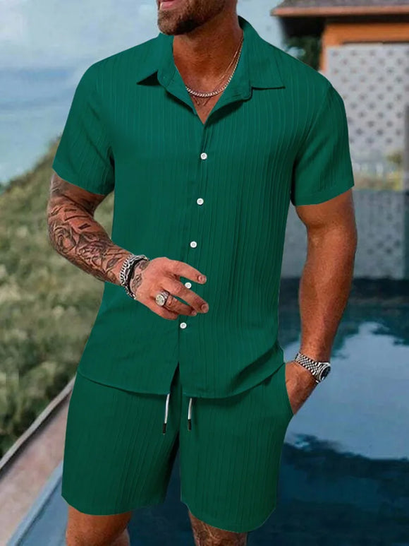 Casual Solid Color Loose Short-sleeved Drawstring Shorts- Men