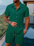 Casual Solid Color Loose Short-sleeved Drawstring Shorts- Men