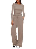Casual O Neck Long Sleeve & High Waist Wide Leg Pants Sets