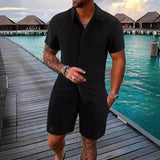 Casual Solid Color Loose Short-sleeved Drawstring Shorts- Men