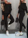 Solid Knitted Sweater Suit Casual Drawstring Skinny Pant Sets
