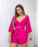 Backless Lace Up V Neck Flare Sleeve Shirt Tops + Loose Shorts 2pc Set
