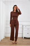 Casual O Neck Long Sleeve & High Waist Wide Leg Pants Sets