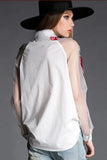 Floral Embroidery Chiffon Transparent Long Sleeve Blouse- PS