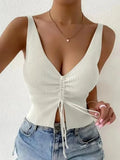 Front Drawstring Ribbed Knit V Neck Sleeveless Top