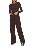 Casual O Neck Long Sleeve & High Waist Wide Leg Pants Sets