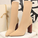 Women 10cm High Heels Silk Sock Boots Green Square Block Heels Ankle Boots Lady Spring Autumn Pointed Toe Satin Sexy Party Shoes