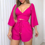 Backless Lace Up V Neck Flare Sleeve Shirt Tops + Loose Shorts 2pc Set