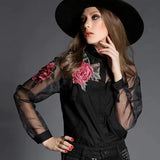 Floral Embroidery Chiffon Transparent Long Sleeve Blouse- PS