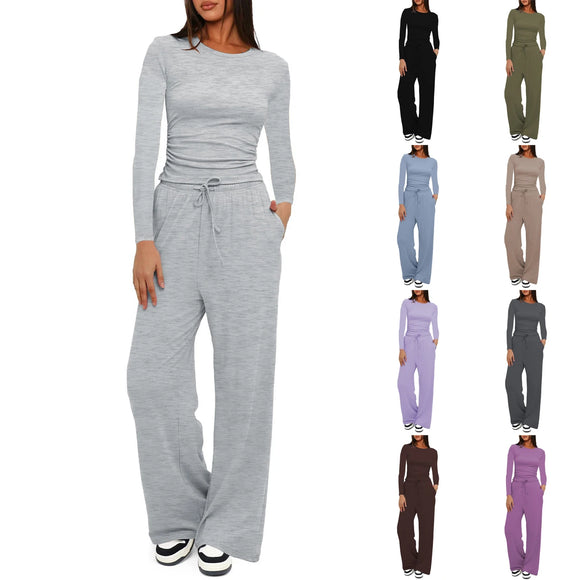 Casual O Neck Long Sleeve & High Waist Wide Leg Pants Sets