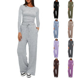 Casual O Neck Long Sleeve & High Waist Wide Leg Pants Sets