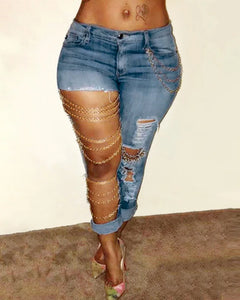 Big Hollow Out Hole Chain Jeans