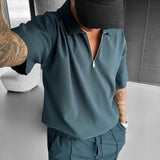 Zipper Polo Style Short-sleeved Drawstring Shorts - Men