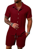 Casual Solid Color Loose Short-sleeved Drawstring Shorts- Men