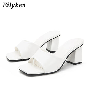 PU Leather Square Slide In Low Heel Sandals