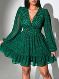 V-Neck Leopard Print Long-Sleeve Dress