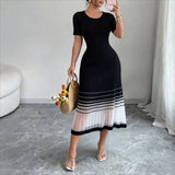 Stretchy Ribbed Knit Maxi Dress Sheer Mesh Hem