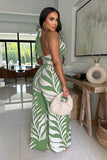 Print Halter Sleeveless Crop Shirt and Wide Leg Pants 2PC