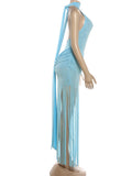 Turtleneck Velvet Ruched Tassel Hem Dress